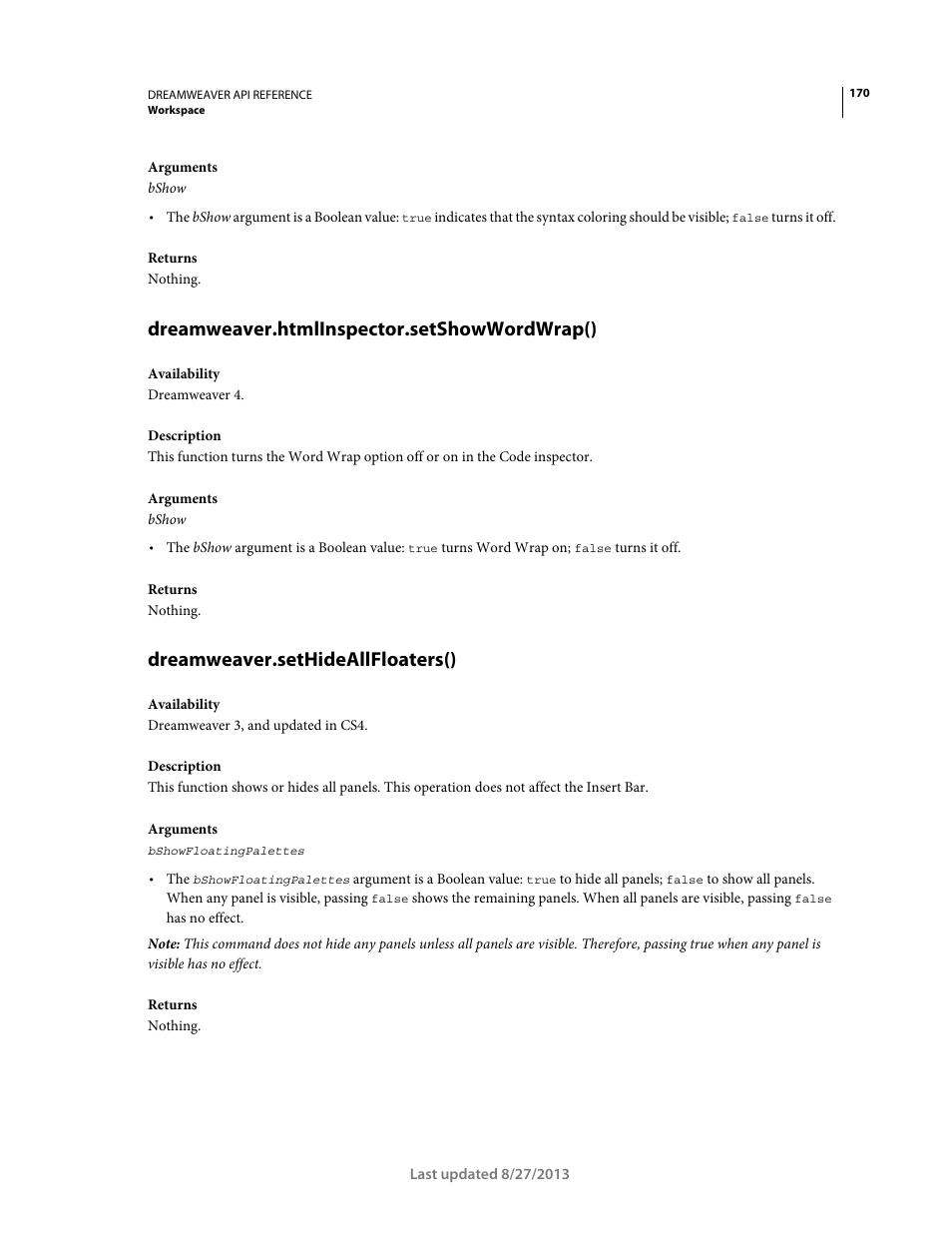 Dreamweaver.htmlinspector.setshowwordwrap(), Dreamweaver.sethideallfloaters() | Adobe Dreamweaver API Reference CS5 User Manual | Page 175 / 533