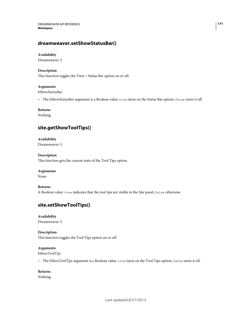 Dreamweaver.setshowstatusbar(), Site.getshowtooltips(), Site.setshowtooltips() | Adobe Dreamweaver API Reference CS5 User Manual | Page 176 / 533