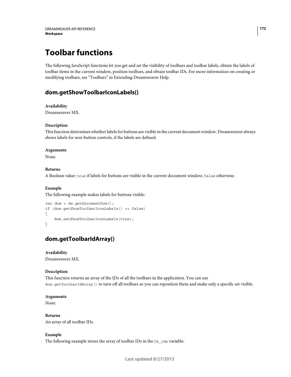 Toolbar functions, Dom.getshowtoolbariconlabels(), Dom.gettoolbaridarray() | Adobe Dreamweaver API Reference CS5 User Manual | Page 177 / 533