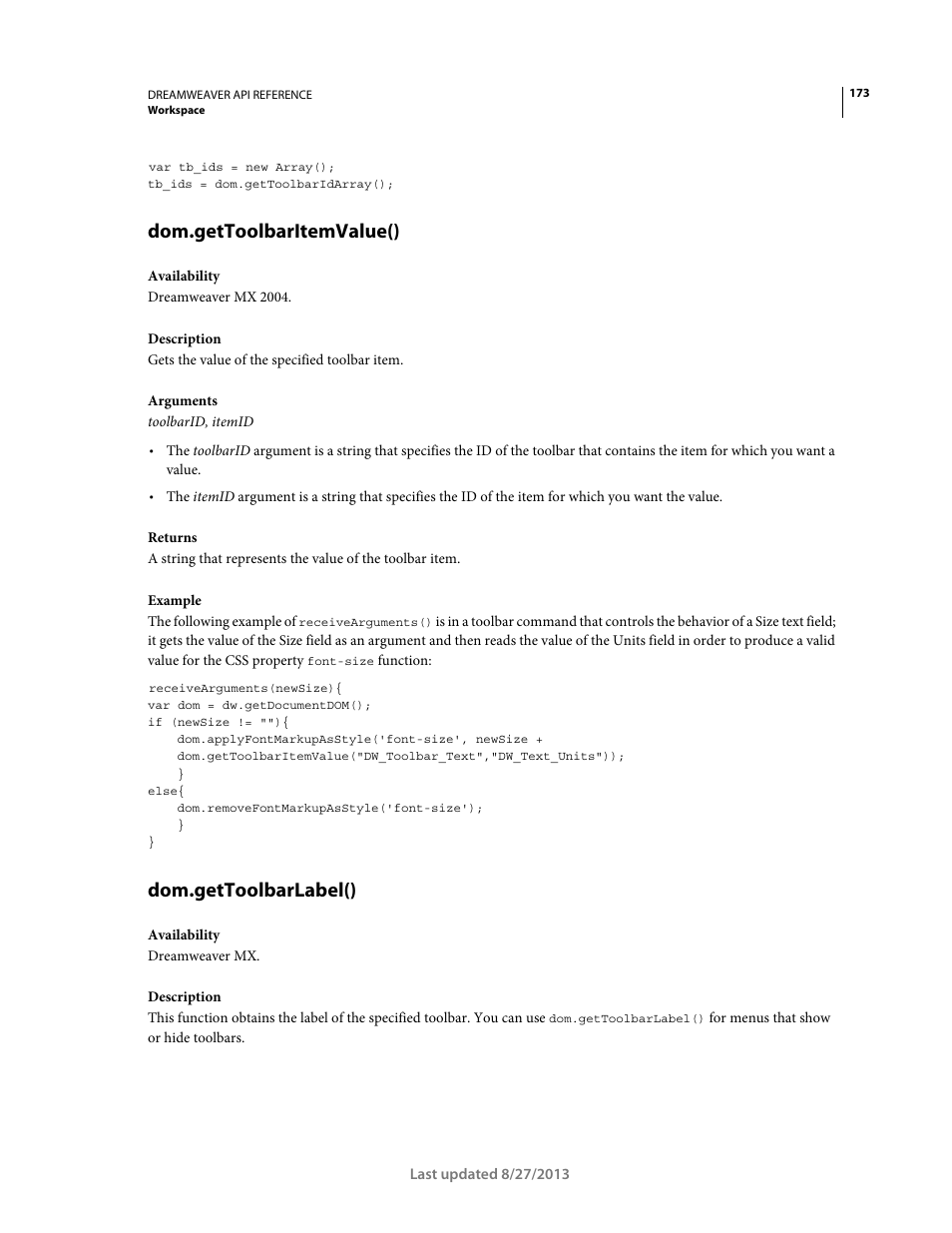 Dom.gettoolbaritemvalue(), Dom.gettoolbarlabel() | Adobe Dreamweaver API Reference CS5 User Manual | Page 178 / 533