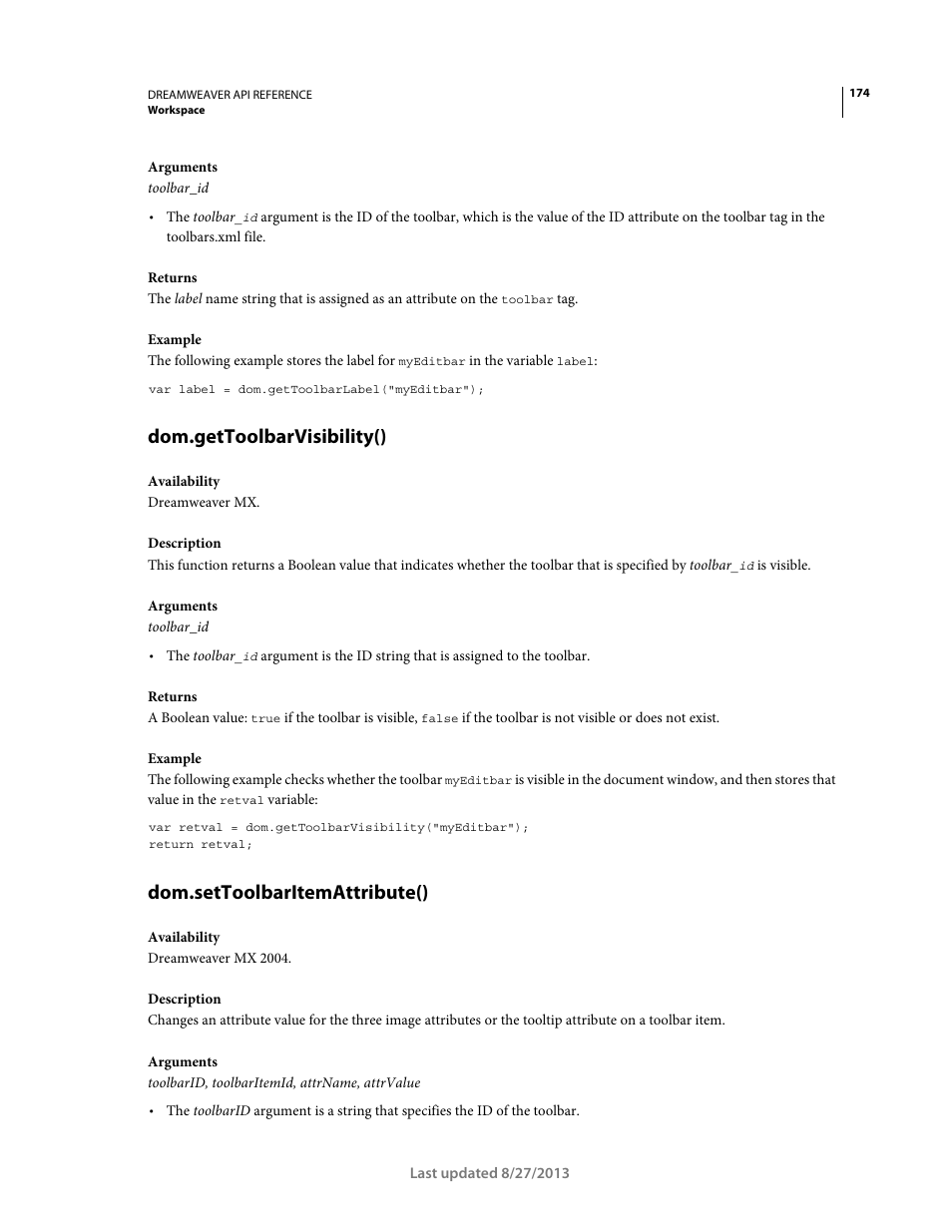 Dom.gettoolbarvisibility(), Dom.settoolbaritemattribute() | Adobe Dreamweaver API Reference CS5 User Manual | Page 179 / 533