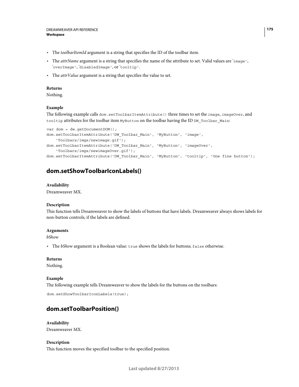 Dom.setshowtoolbariconlabels(), Dom.settoolbarposition() | Adobe Dreamweaver API Reference CS5 User Manual | Page 180 / 533