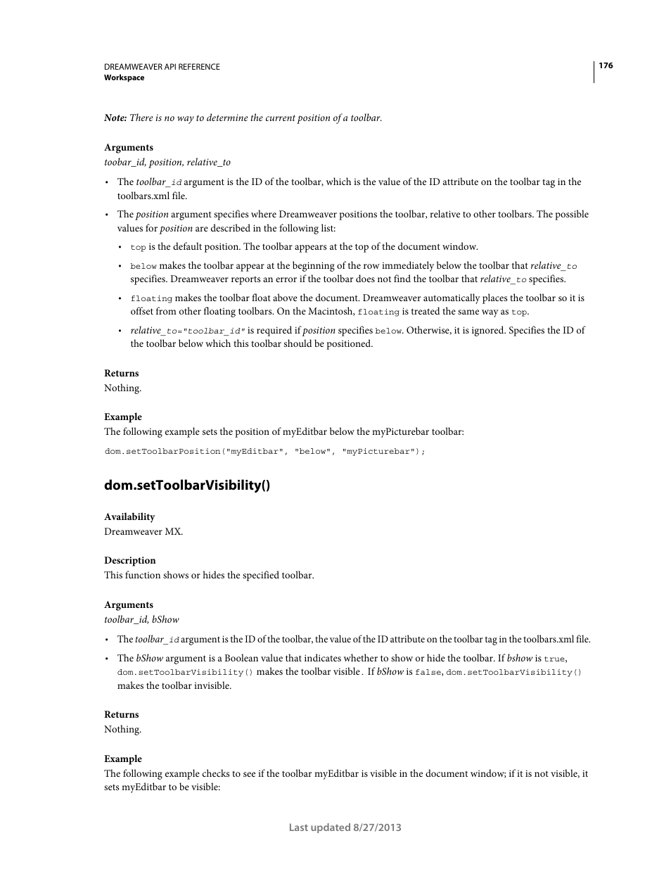 Dom.settoolbarvisibility() | Adobe Dreamweaver API Reference CS5 User Manual | Page 181 / 533