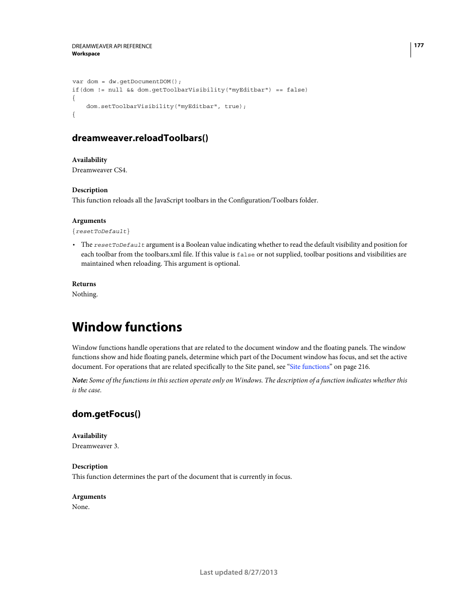 Dreamweaver.reloadtoolbars(), Window functions, Dom.getfocus() | Adobe Dreamweaver API Reference CS5 User Manual | Page 182 / 533