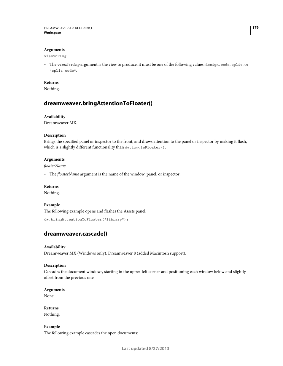 Dreamweaver.bringattentiontofloater(), Dreamweaver.cascade() | Adobe Dreamweaver API Reference CS5 User Manual | Page 184 / 533