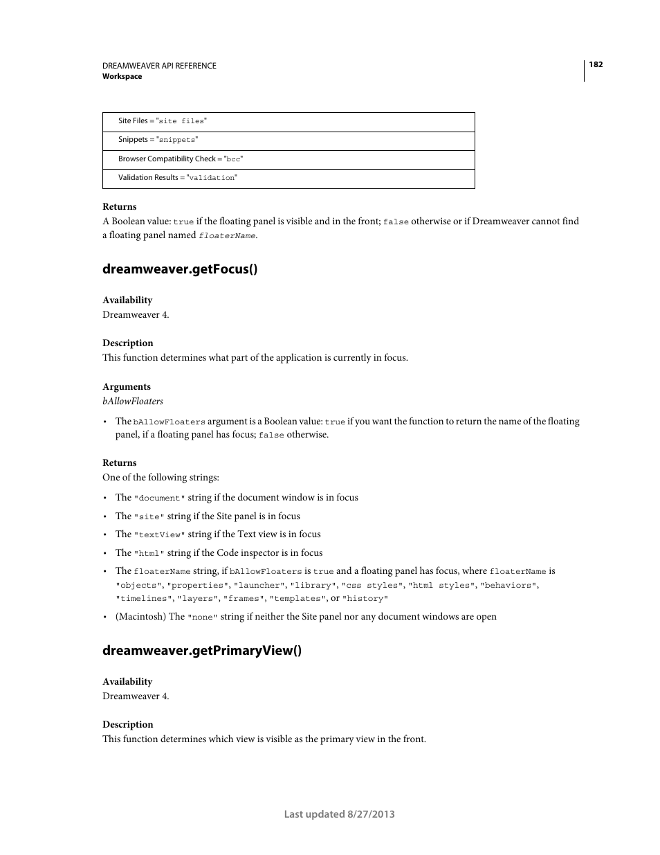 Dreamweaver.getfocus(), Dreamweaver.getprimaryview() | Adobe Dreamweaver API Reference CS5 User Manual | Page 187 / 533