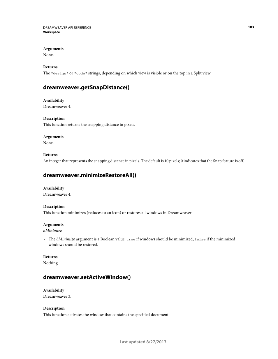 Dreamweaver.getsnapdistance(), Dreamweaver.minimizerestoreall(), Dreamweaver.setactivewindow() | Adobe Dreamweaver API Reference CS5 User Manual | Page 188 / 533