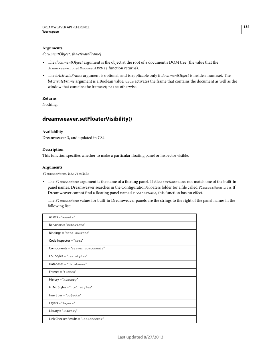 Dreamweaver.setfloatervisibility() | Adobe Dreamweaver API Reference CS5 User Manual | Page 189 / 533