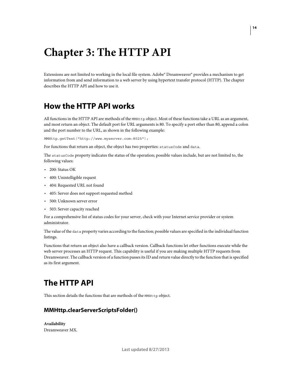 Chapter 3: the http api, How the http api works, The http api | Mmhttp.clearserverscriptsfolder() | Adobe Dreamweaver API Reference CS5 User Manual | Page 19 / 533