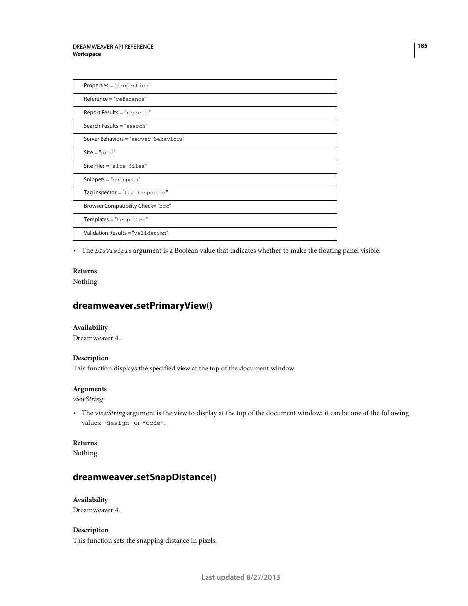 Dreamweaver.setprimaryview(), Dreamweaver.setsnapdistance() | Adobe Dreamweaver API Reference CS5 User Manual | Page 190 / 533