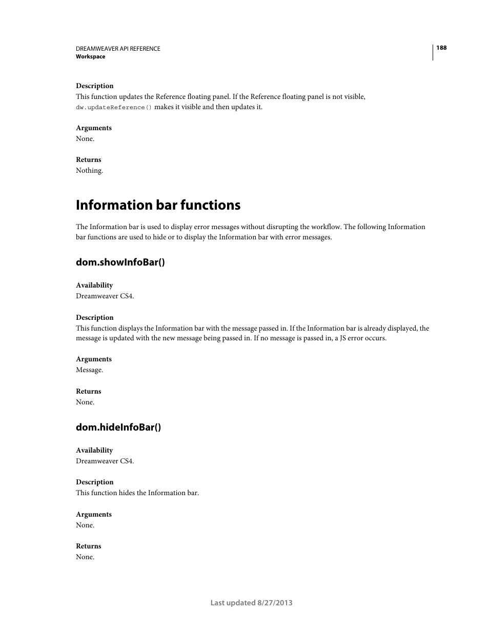 Information bar functions, Dom.showinfobar(), Dom.hideinfobar() | Adobe Dreamweaver API Reference CS5 User Manual | Page 193 / 533