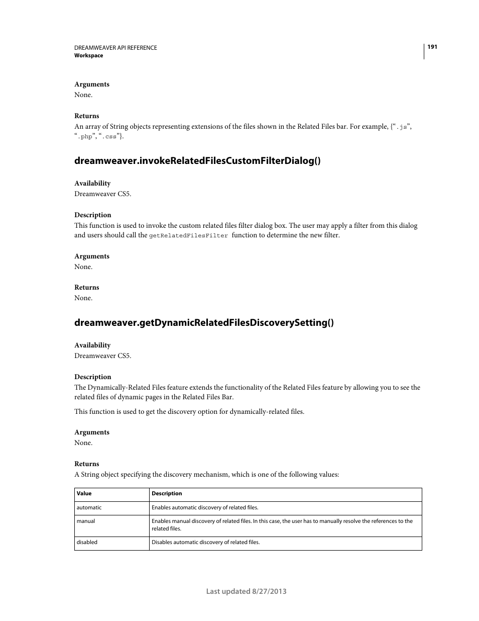 Dreamweaver.invokerelatedfilescustomfilterdialog() | Adobe Dreamweaver API Reference CS5 User Manual | Page 196 / 533