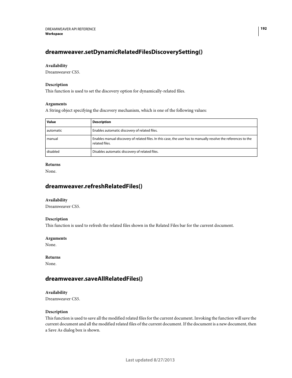 Dreamweaver.refreshrelatedfiles(), Dreamweaver.saveallrelatedfiles() | Adobe Dreamweaver API Reference CS5 User Manual | Page 197 / 533