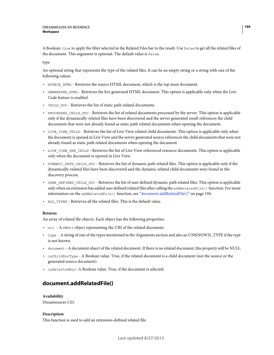 Document.addrelatedfile() | Adobe Dreamweaver API Reference CS5 User Manual | Page 199 / 533