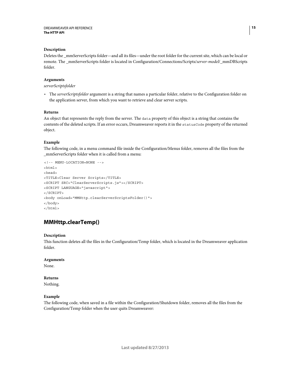 Mmhttp.cleartemp() | Adobe Dreamweaver API Reference CS5 User Manual | Page 20 / 533