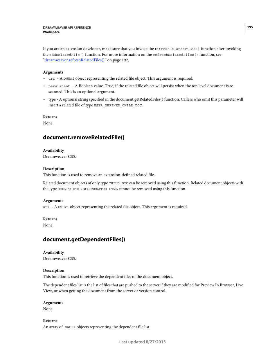 Document.removerelatedfile(), Document.getdependentfiles() | Adobe Dreamweaver API Reference CS5 User Manual | Page 200 / 533