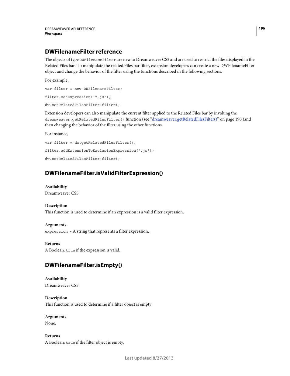 Dwfilenamefilter reference, Dwfilenamefilter.isvalidfilterexpression(), Dwfilenamefilter.isempty() | Adobe Dreamweaver API Reference CS5 User Manual | Page 201 / 533