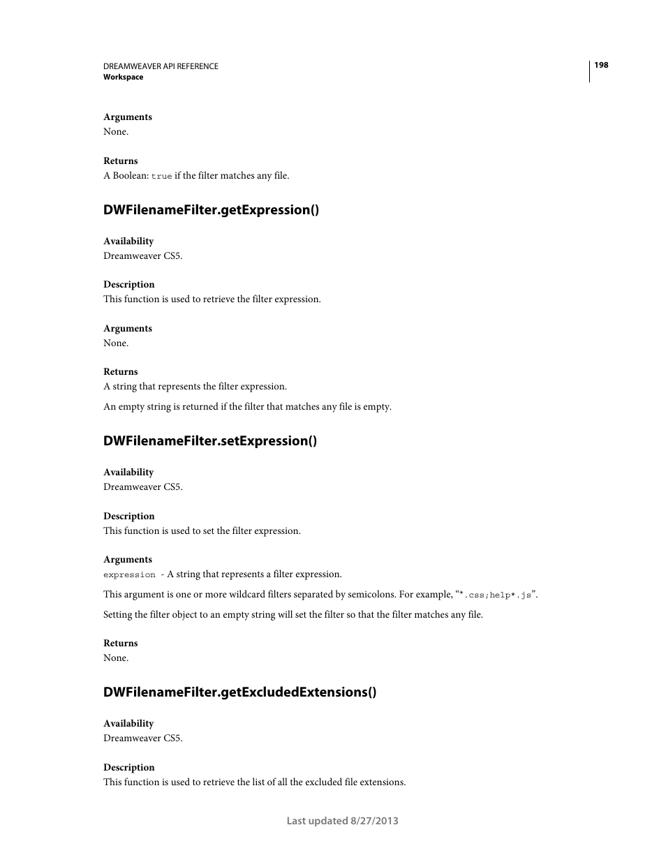 Dwfilenamefilter.getexpression(), Dwfilenamefilter.setexpression(), Dwfilenamefilter.getexcludedextensions() | Adobe Dreamweaver API Reference CS5 User Manual | Page 203 / 533
