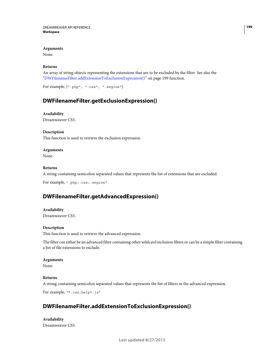 Dwfilenamefilter.getexclusionexpression(), Dwfilenamefilter.getadvancedexpression() | Adobe Dreamweaver API Reference CS5 User Manual | Page 204 / 533