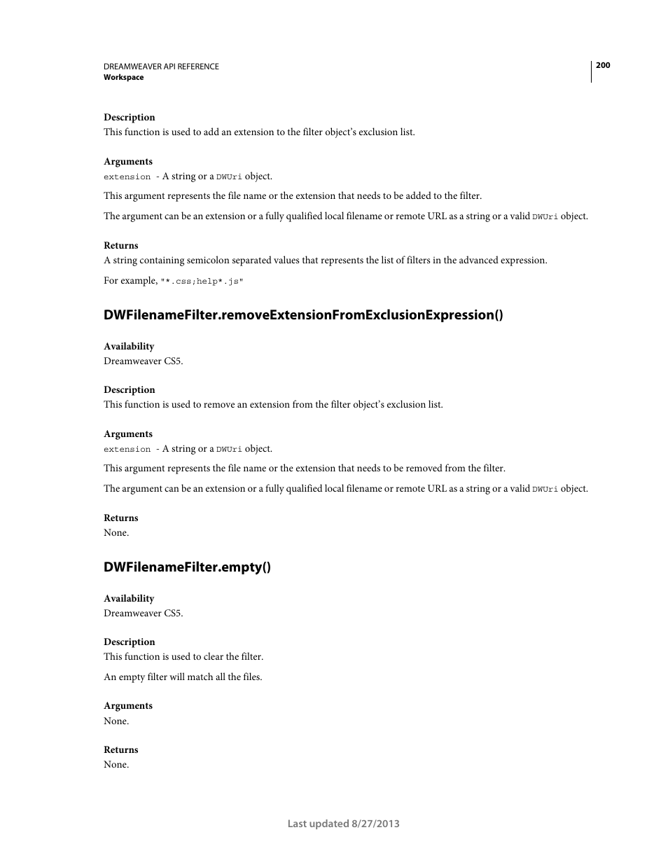 Dwfilenamefilter.empty() | Adobe Dreamweaver API Reference CS5 User Manual | Page 205 / 533