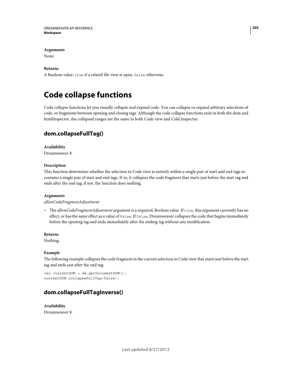 Code collapse functions, Dom.collapsefulltag(), Dom.collapsefulltaginverse() | Adobe Dreamweaver API Reference CS5 User Manual | Page 208 / 533