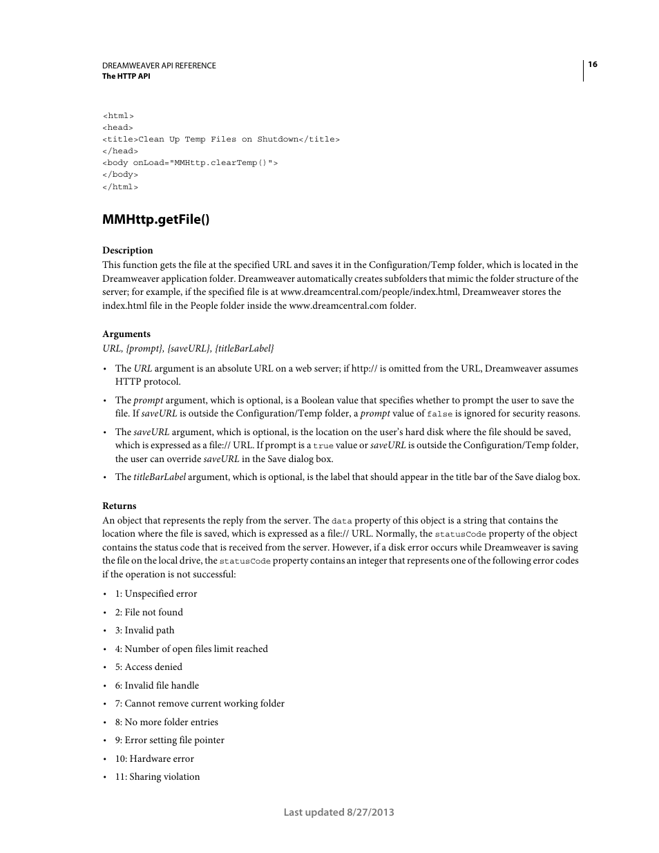 Mmhttp.getfile() | Adobe Dreamweaver API Reference CS5 User Manual | Page 21 / 533