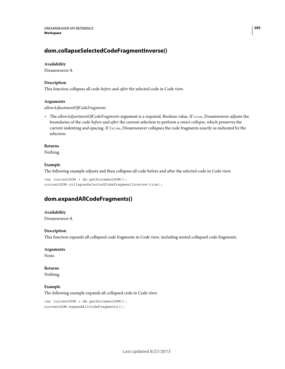 Dom.collapseselectedcodefragmentinverse(), Dom.expandallcodefragments() | Adobe Dreamweaver API Reference CS5 User Manual | Page 210 / 533
