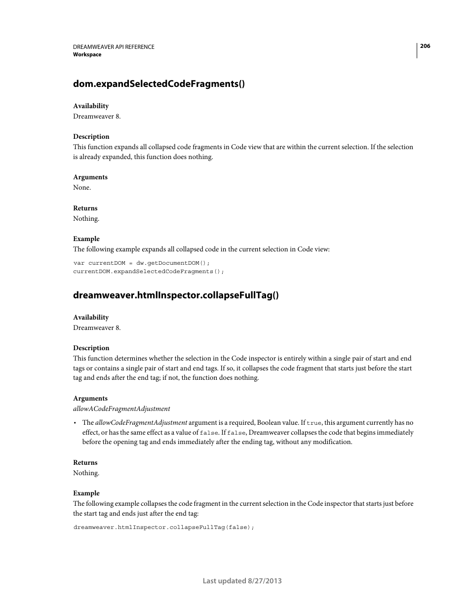 Dom.expandselectedcodefragments(), Dreamweaver.htmlinspector.collapsefulltag() | Adobe Dreamweaver API Reference CS5 User Manual | Page 211 / 533