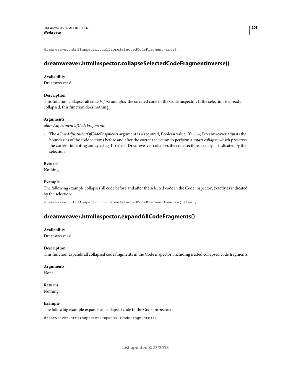 Dreamweaver.htmlinspector.expandallcodefragments() | Adobe Dreamweaver API Reference CS5 User Manual | Page 213 / 533