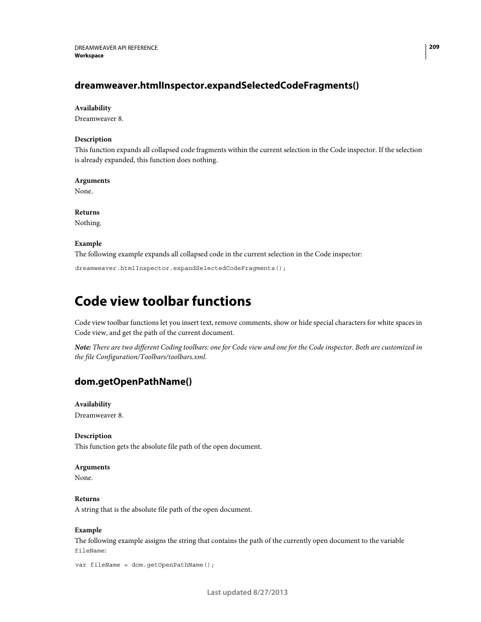 Code view toolbar functions, Dom.getopenpathname() | Adobe Dreamweaver API Reference CS5 User Manual | Page 214 / 533