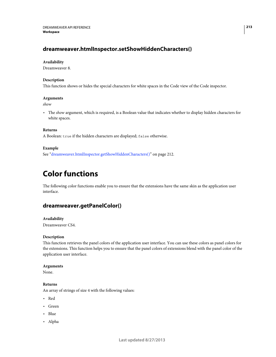 Color functions, Dreamweaver.getpanelcolor() | Adobe Dreamweaver API Reference CS5 User Manual | Page 218 / 533