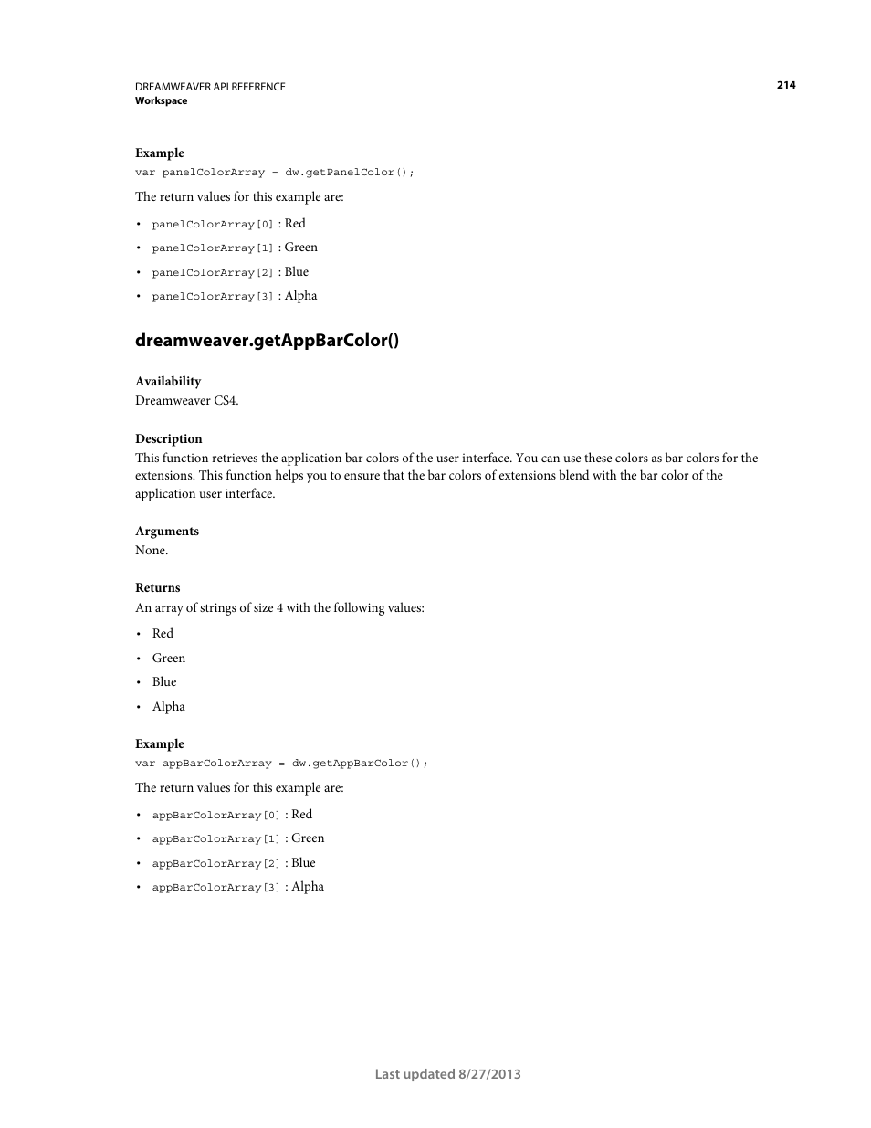 Dreamweaver.getappbarcolor() | Adobe Dreamweaver API Reference CS5 User Manual | Page 219 / 533