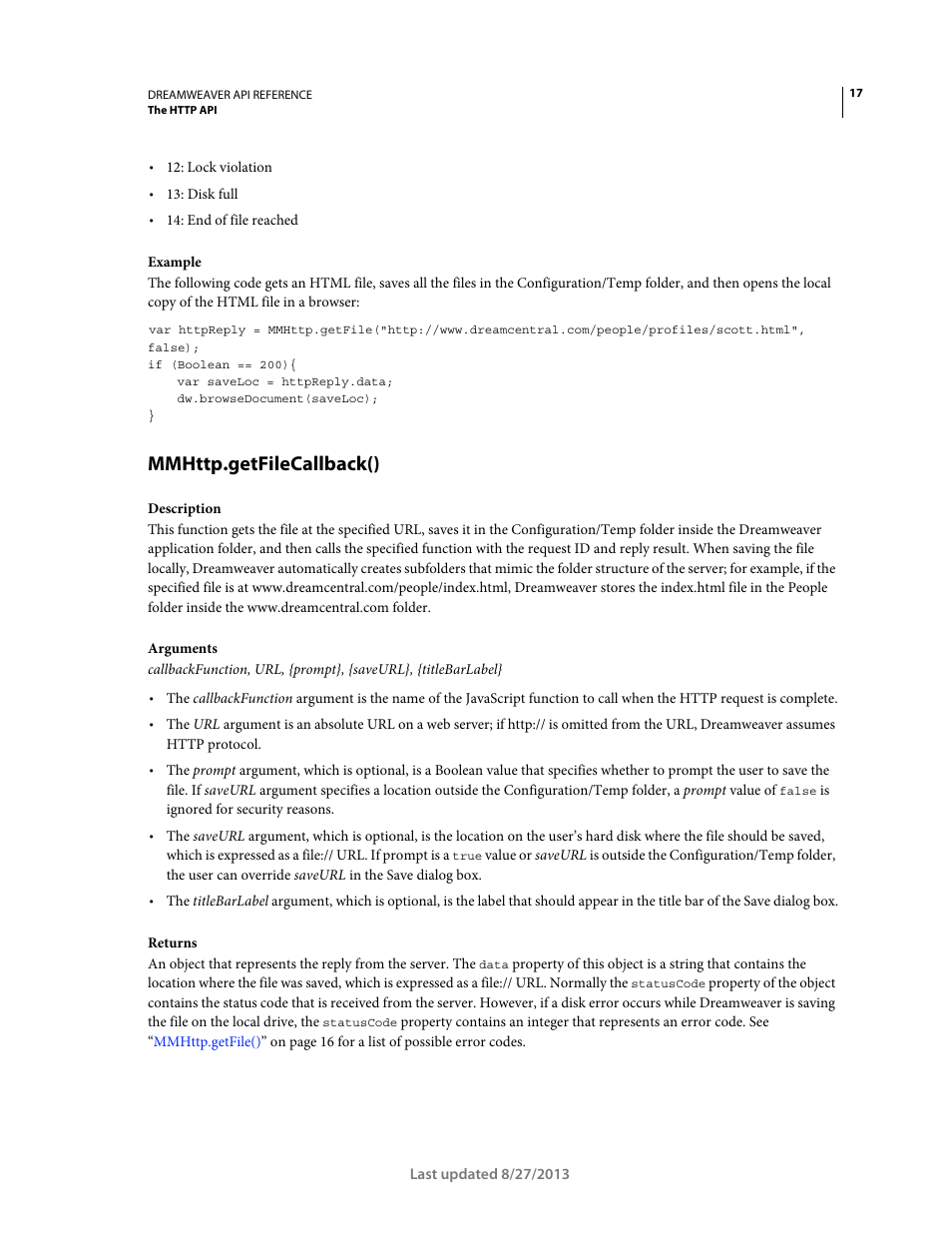 Mmhttp.getfilecallback() | Adobe Dreamweaver API Reference CS5 User Manual | Page 22 / 533
