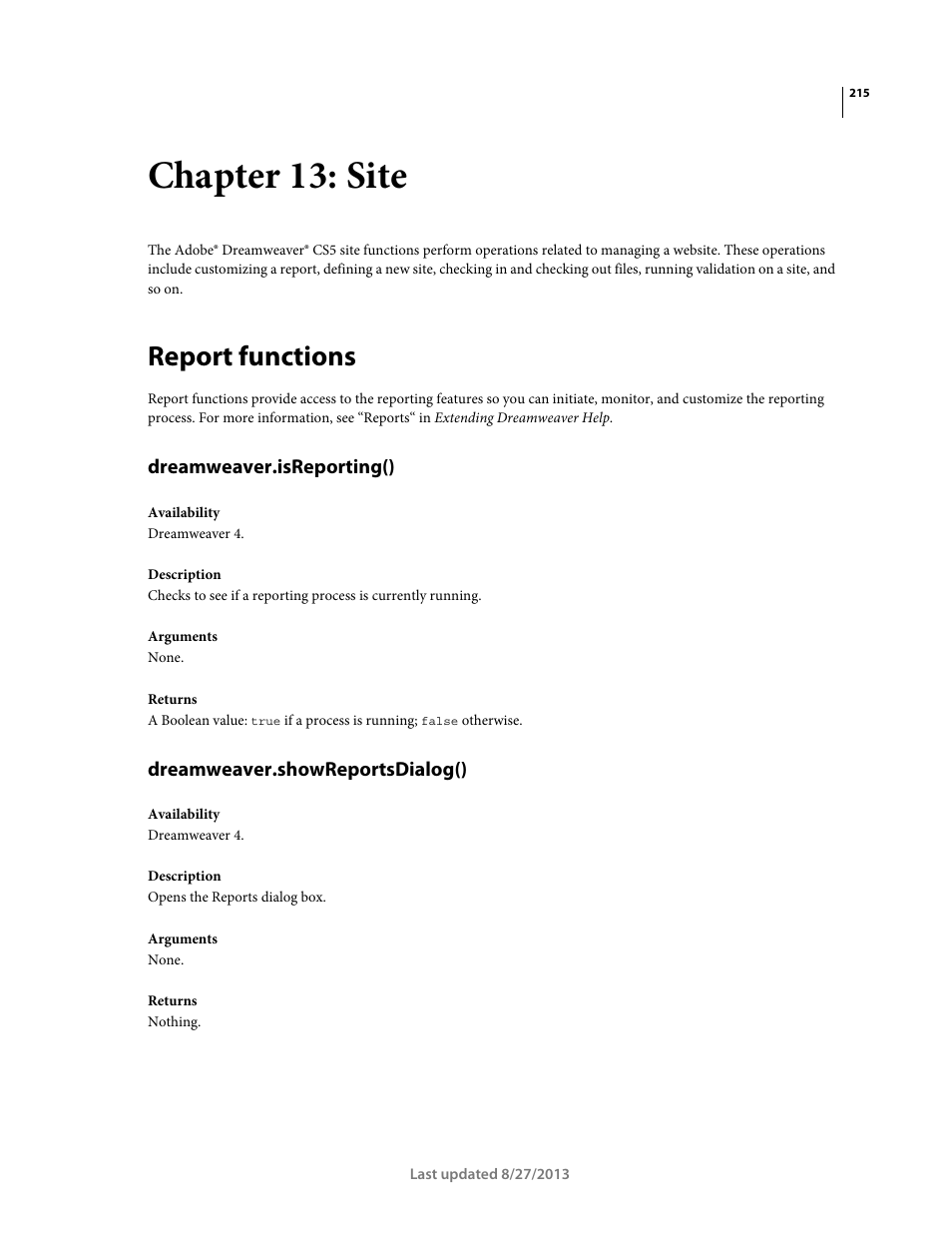 Chapter 13: site, Report functions, Dreamweaver.isreporting() | Dreamweaver.showreportsdialog() | Adobe Dreamweaver API Reference CS5 User Manual | Page 220 / 533