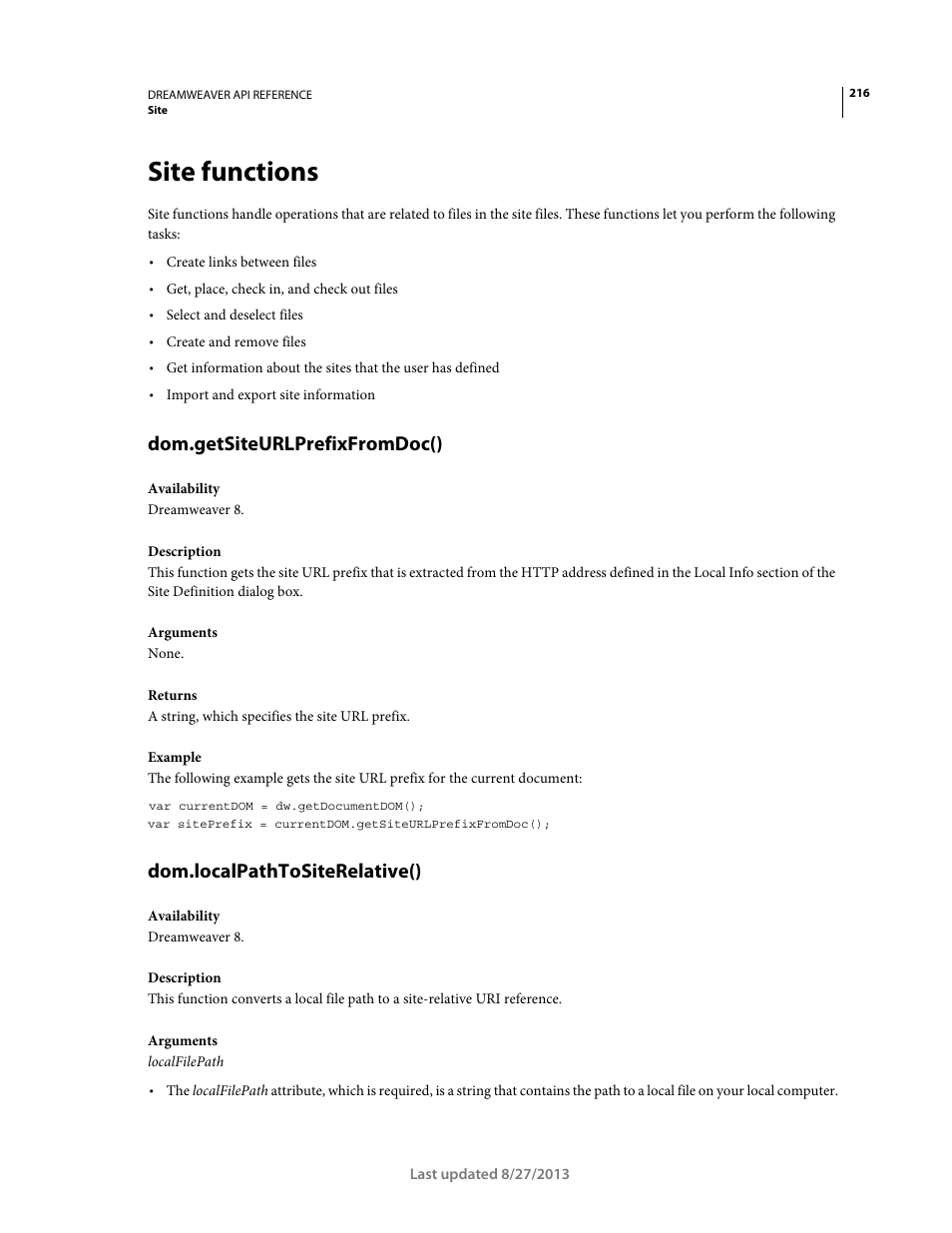 Site functions, Dom.getsiteurlprefixfromdoc(), Dom.localpathtositerelative() | Adobe Dreamweaver API Reference CS5 User Manual | Page 221 / 533