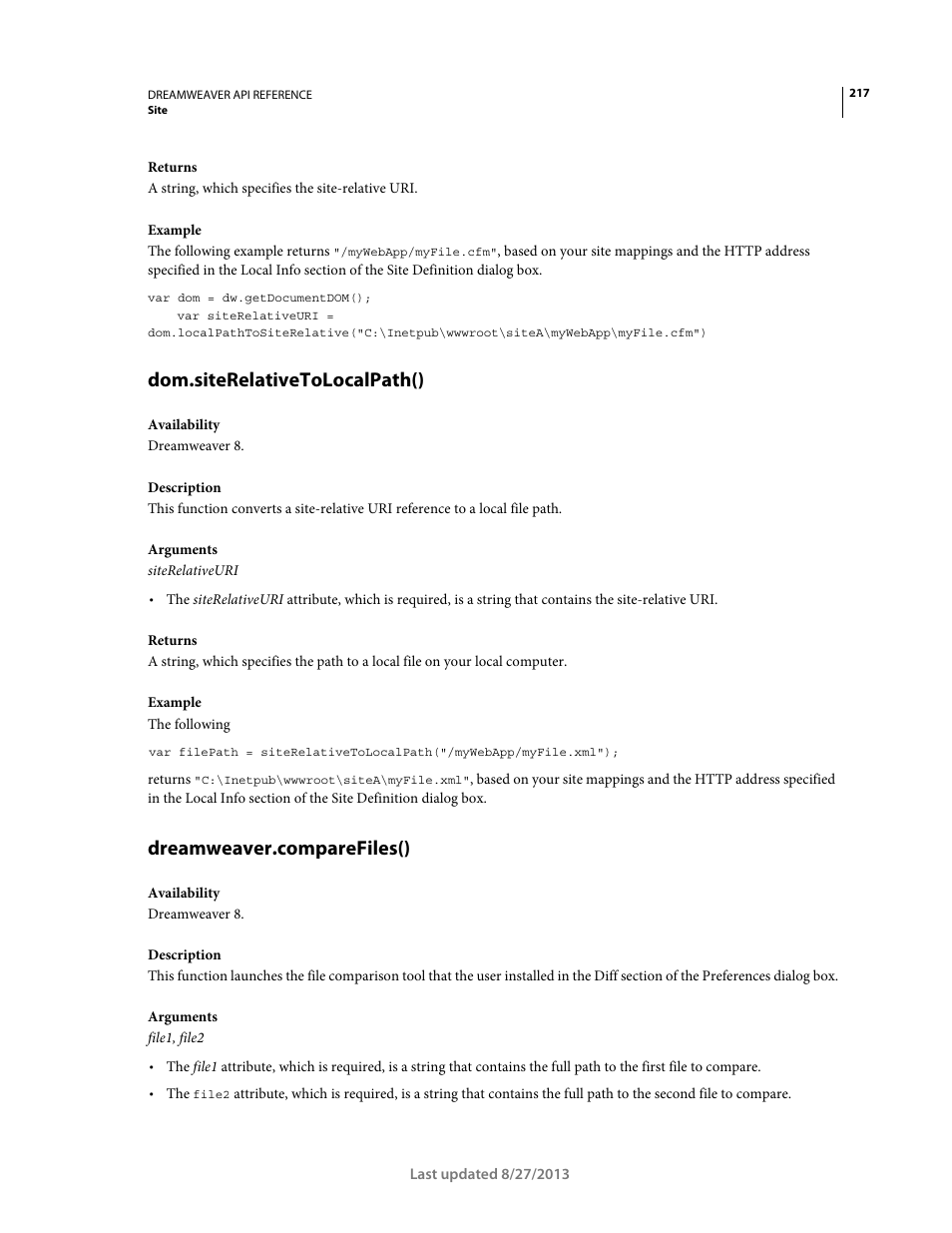 Dom.siterelativetolocalpath(), Dreamweaver.comparefiles() | Adobe Dreamweaver API Reference CS5 User Manual | Page 222 / 533