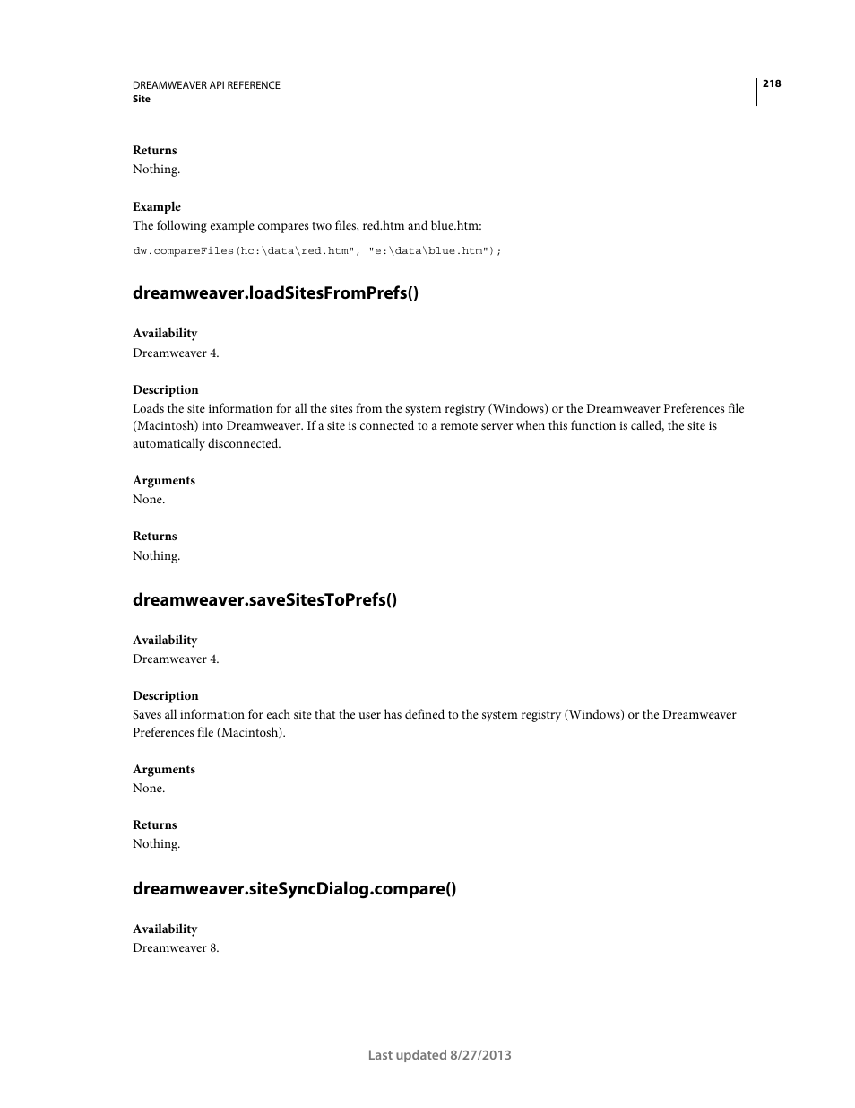 Dreamweaver.loadsitesfromprefs(), Dreamweaver.savesitestoprefs(), Dreamweaver.sitesyncdialog.compare() | Adobe Dreamweaver API Reference CS5 User Manual | Page 223 / 533