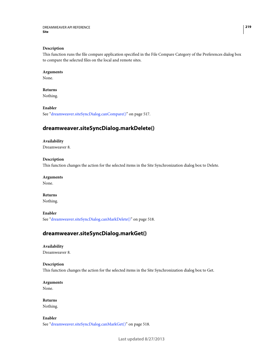 Dreamweaver.sitesyncdialog.markdelete(), Dreamweaver.sitesyncdialog.markget() | Adobe Dreamweaver API Reference CS5 User Manual | Page 224 / 533