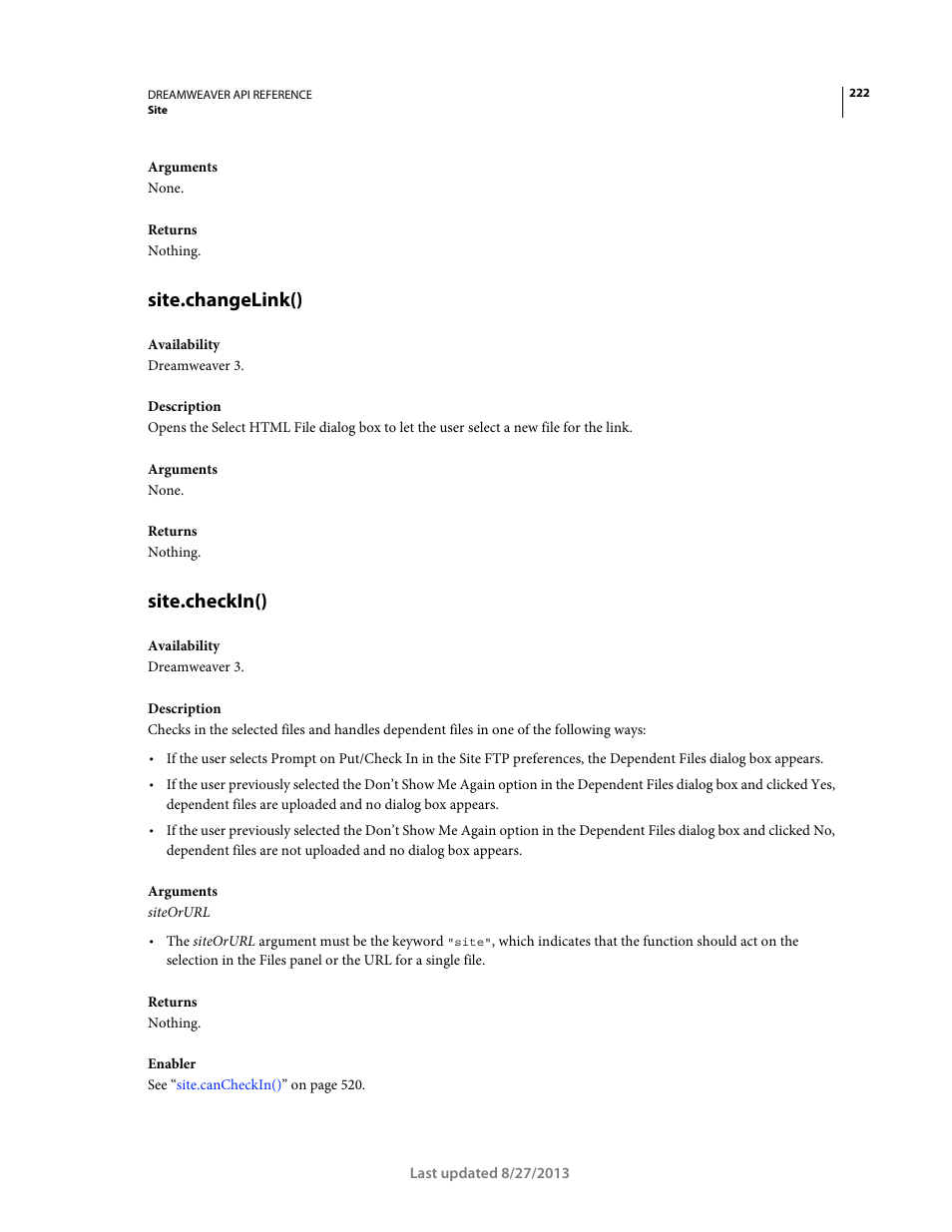 Site.changelink(), Site.checkin() | Adobe Dreamweaver API Reference CS5 User Manual | Page 227 / 533