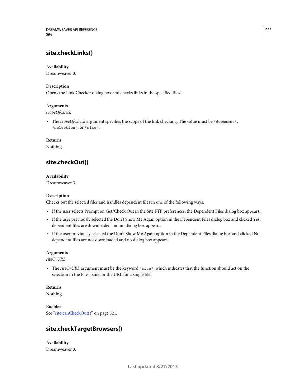 Site.checklinks(), Site.checkout(), Site.checktargetbrowsers() | Adobe Dreamweaver API Reference CS5 User Manual | Page 228 / 533