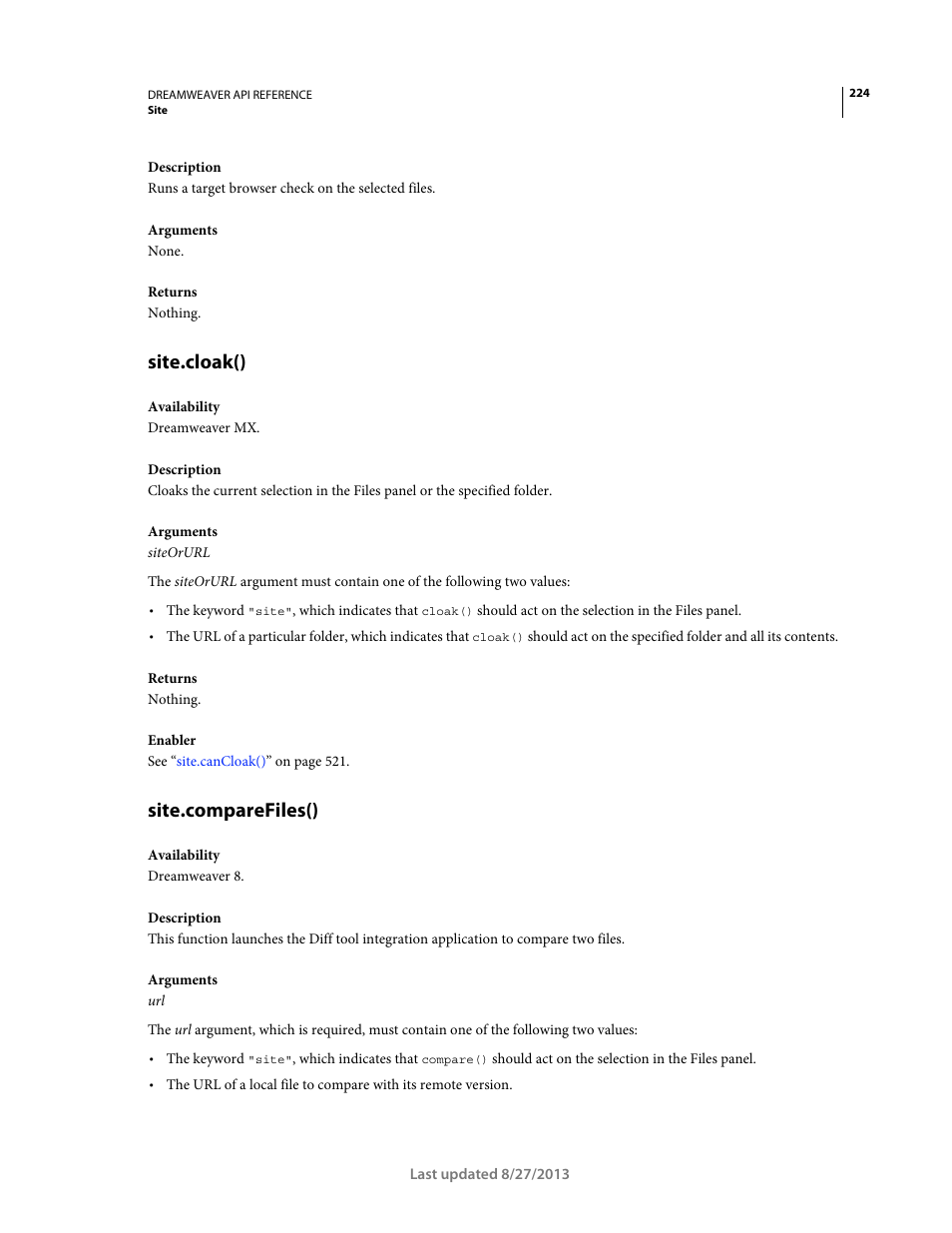 Site.cloak(), Site.comparefiles() | Adobe Dreamweaver API Reference CS5 User Manual | Page 229 / 533