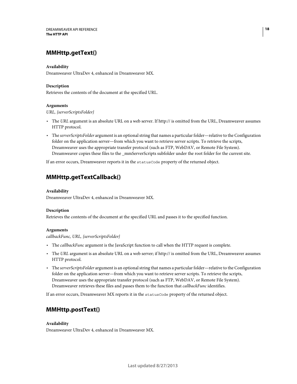 Mmhttp.gettext(), Mmhttp.gettextcallback(), Mmhttp.posttext() | Adobe Dreamweaver API Reference CS5 User Manual | Page 23 / 533