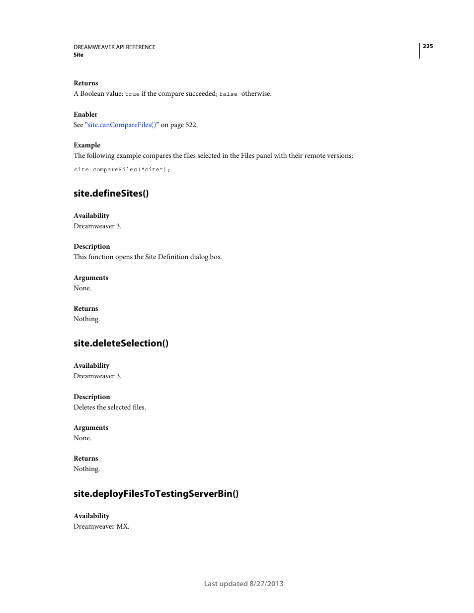 Site.definesites(), Site.deleteselection(), Site.deployfilestotestingserverbin() | Adobe Dreamweaver API Reference CS5 User Manual | Page 230 / 533