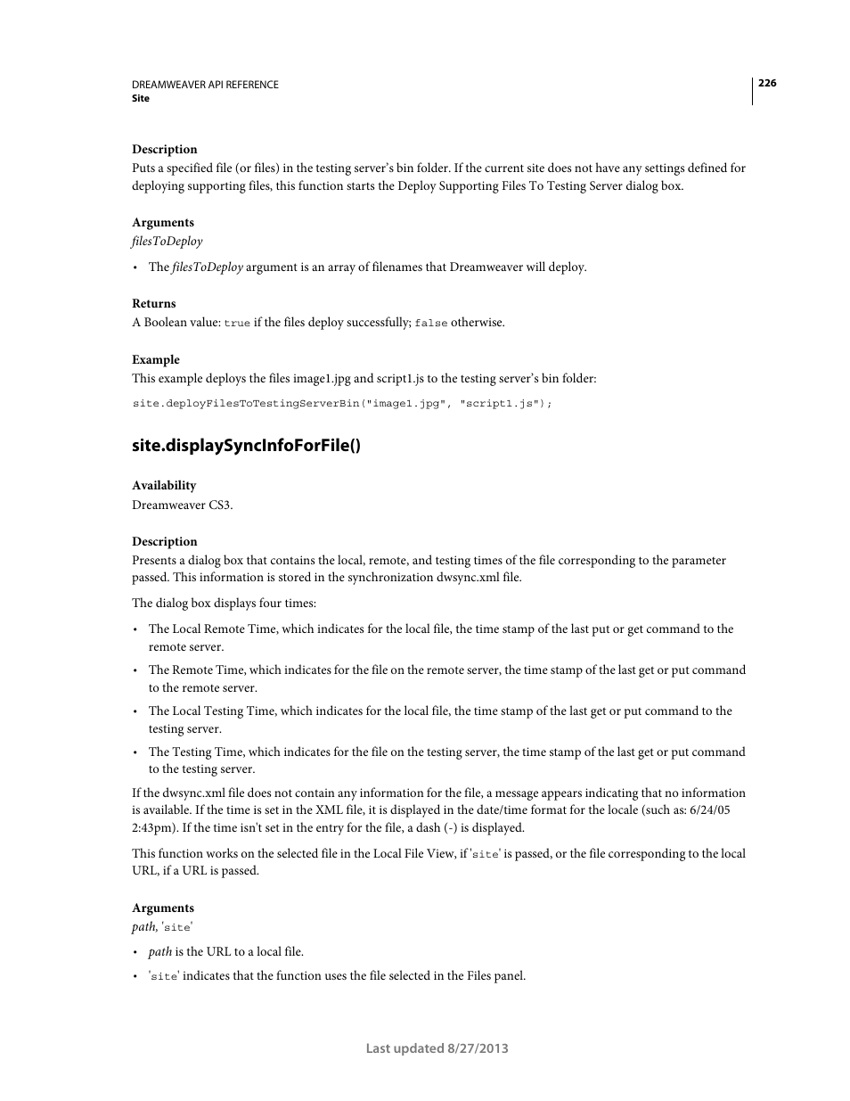 Site.displaysyncinfoforfile() | Adobe Dreamweaver API Reference CS5 User Manual | Page 231 / 533