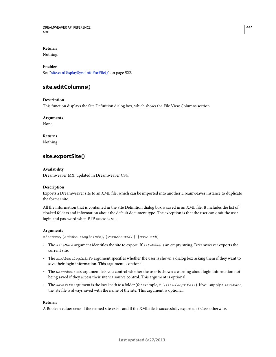 Site.editcolumns(), Site.exportsite() | Adobe Dreamweaver API Reference CS5 User Manual | Page 232 / 533