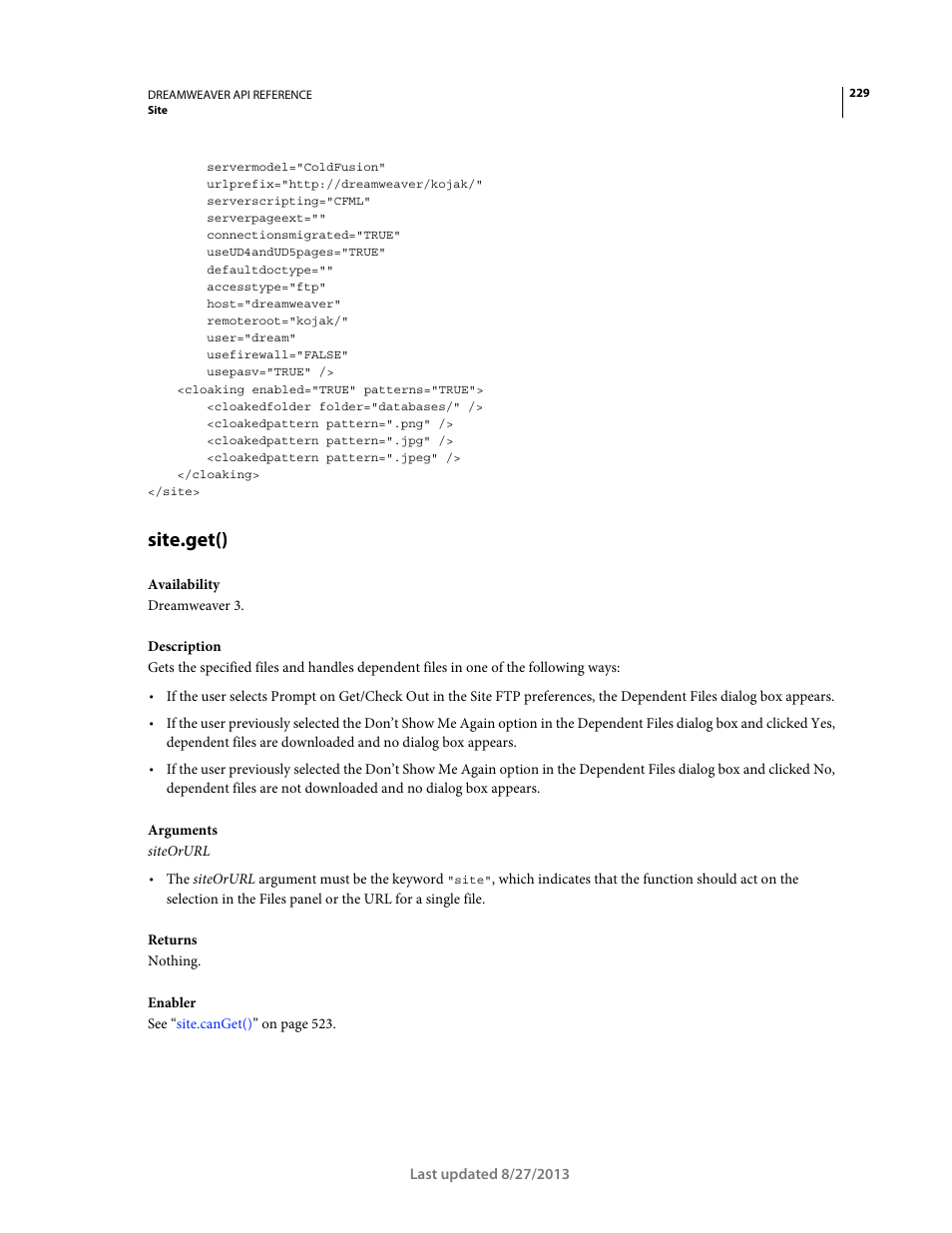 Site.get() | Adobe Dreamweaver API Reference CS5 User Manual | Page 234 / 533