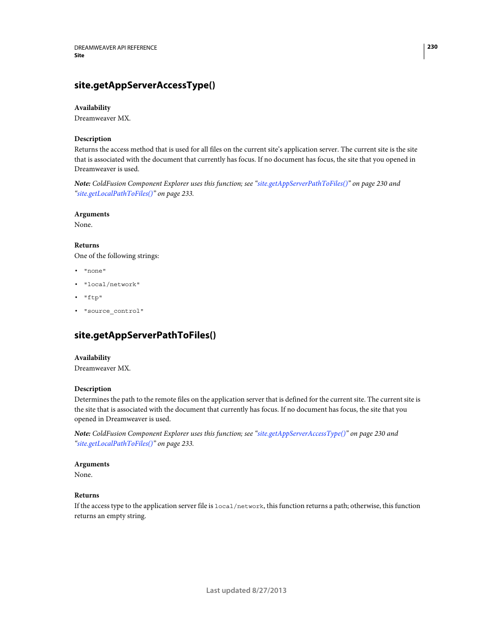 Site.getappserveraccesstype(), Site.getappserverpathtofiles() | Adobe Dreamweaver API Reference CS5 User Manual | Page 235 / 533