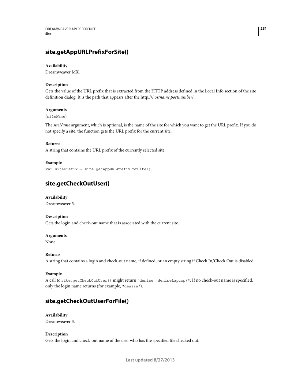 Site.getappurlprefixforsite(), Site.getcheckoutuser(), Site.getcheckoutuserforfile() | Adobe Dreamweaver API Reference CS5 User Manual | Page 236 / 533