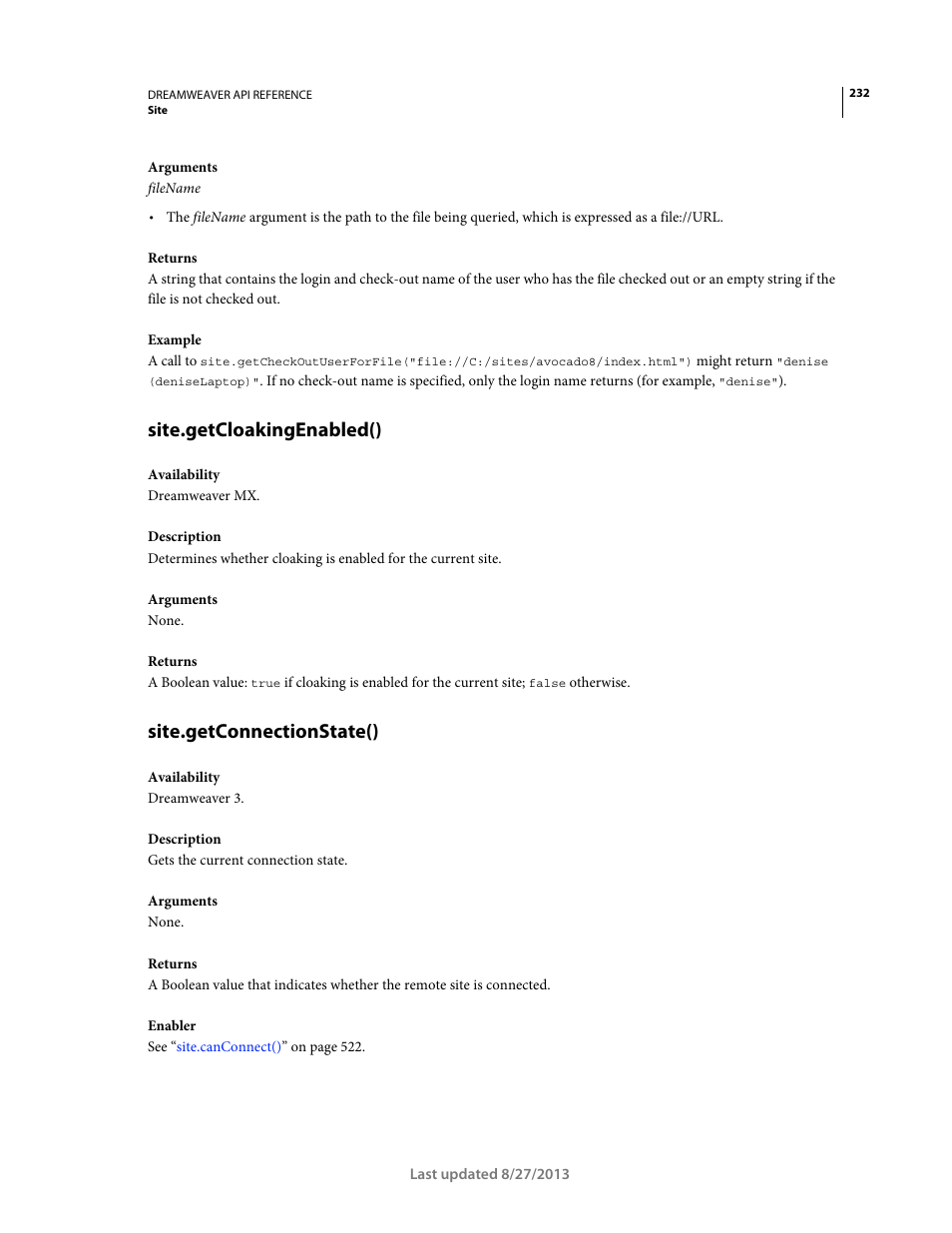 Site.getcloakingenabled(), Site.getconnectionstate() | Adobe Dreamweaver API Reference CS5 User Manual | Page 237 / 533