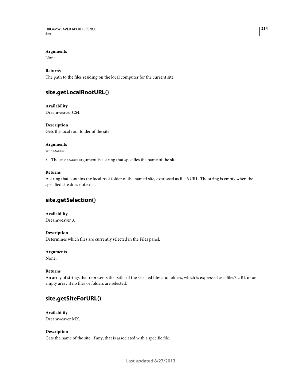 Site.getlocalrooturl(), Site.getselection(), Site.getsiteforurl() | Adobe Dreamweaver API Reference CS5 User Manual | Page 239 / 533